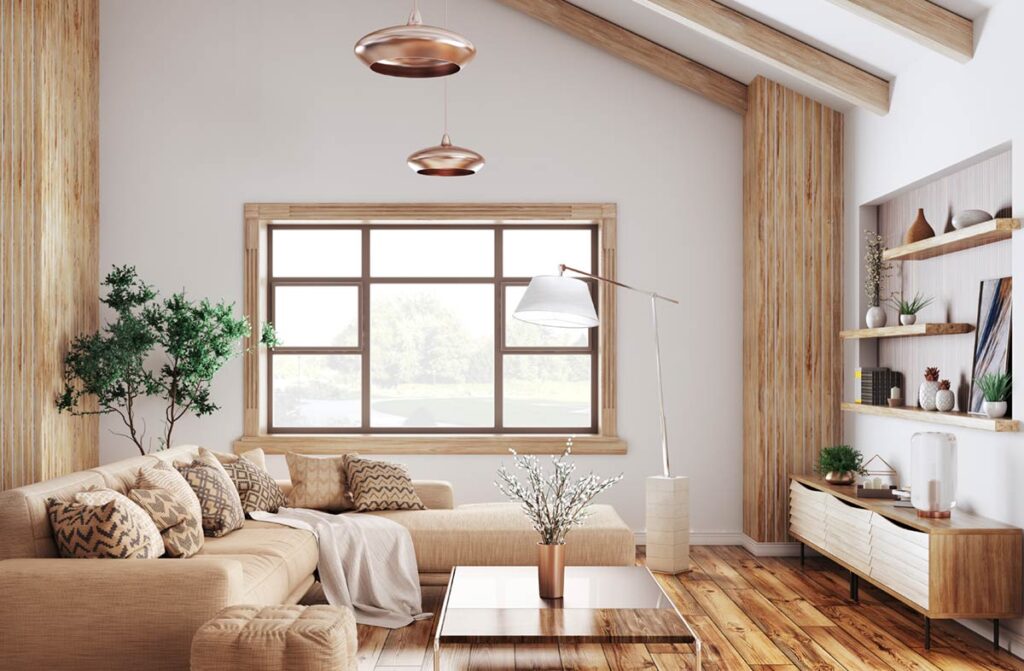 Wohnzimmer mit Holzfenstern